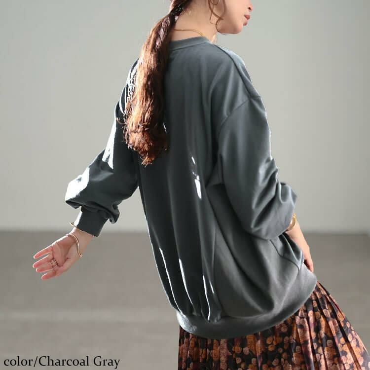 大きいサイズ レディース リブ切り替えキーネックプルオーバー　bai-0190 チャコールグレー