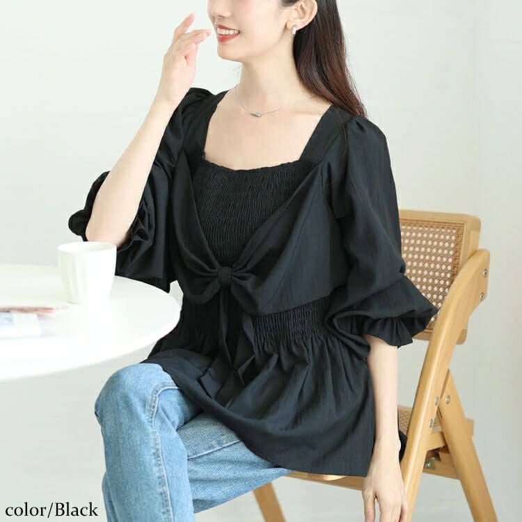 大きいサイズ レディース ビッグリボンシャーリングペプラムチュニック　tog-1059