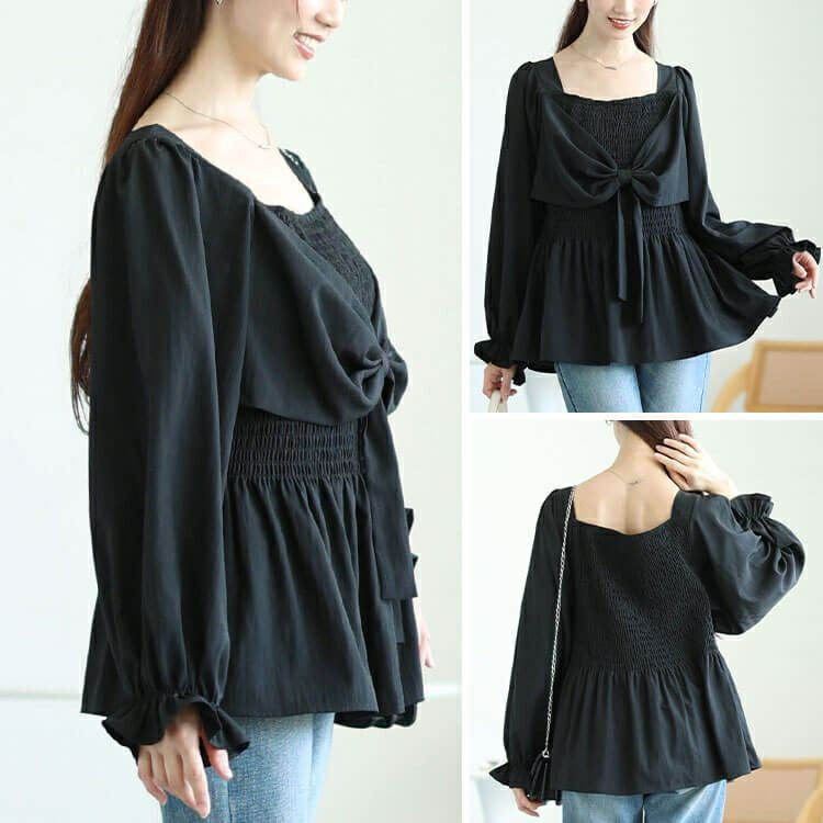 大きいサイズ レディース ビッグリボンシャーリングペプラムチュニック　tog-1059