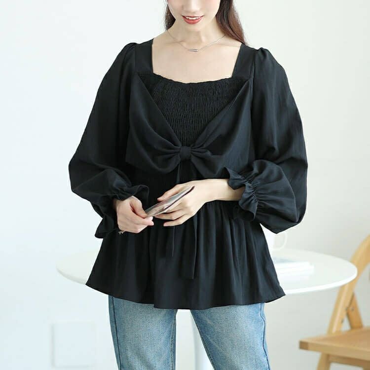 大きいサイズ レディース ビッグリボンシャーリングペプラムチュニック　tog-1059