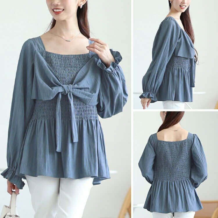 大きいサイズ レディース ビッグリボンシャーリングペプラムチュニック　tog-1059