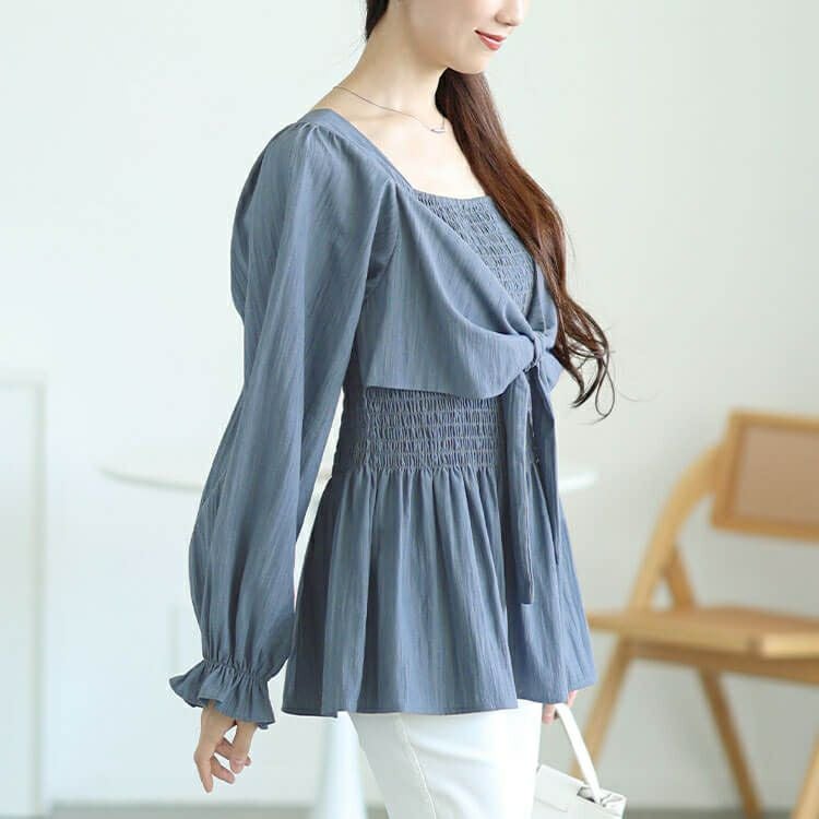 大きいサイズ レディース ビッグリボンシャーリングペプラムチュニック　tog-1059