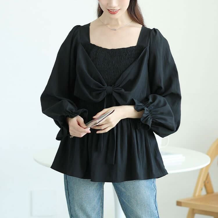 大きいサイズ レディース ビッグリボンシャーリングペプラムチュニック　tog-1059 ブラック