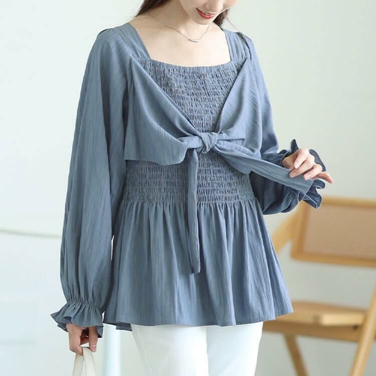 大きいサイズ レディース ビッグリボンシャーリングペプラムチュニック　tog-1059 ブルー