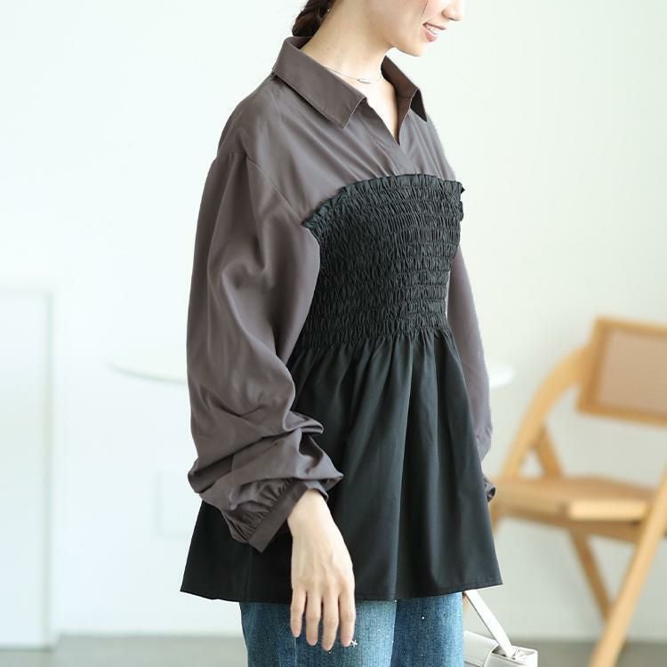 大きいサイズ レディース シャツドッキングペプラムビスチェトップス　tog-1052 【メール便可】 グレー×ブラック