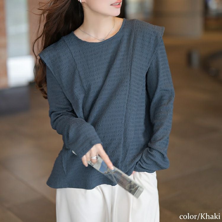 大きいサイズ レディース フリル切り替えシャーリングプルオーバー　jp562