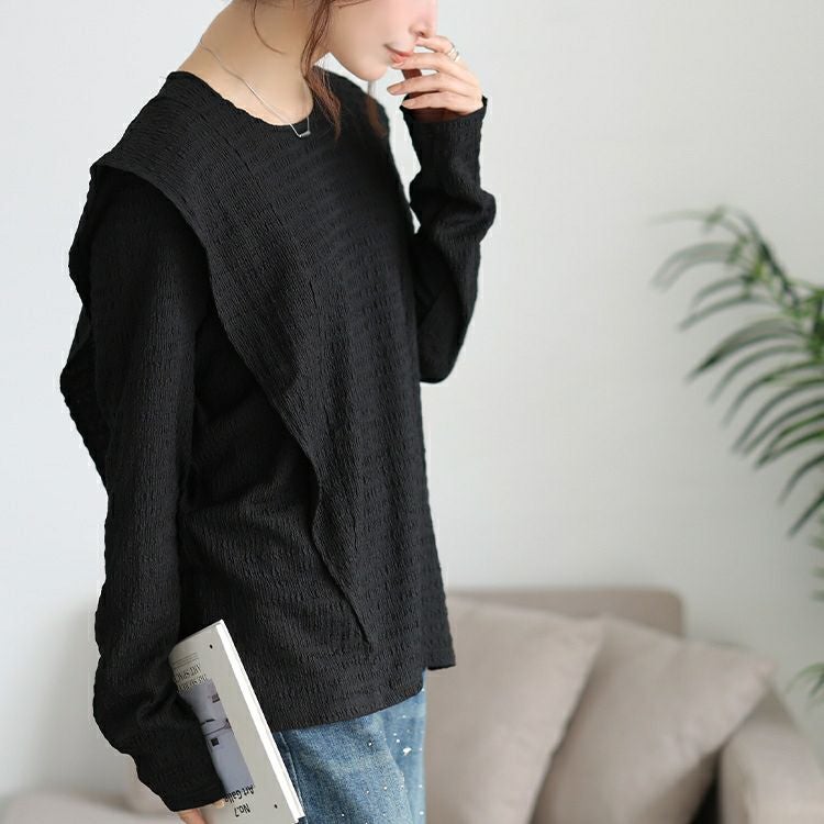 大きいサイズ レディース フリル切り替えシャーリングプルオーバー　jp562