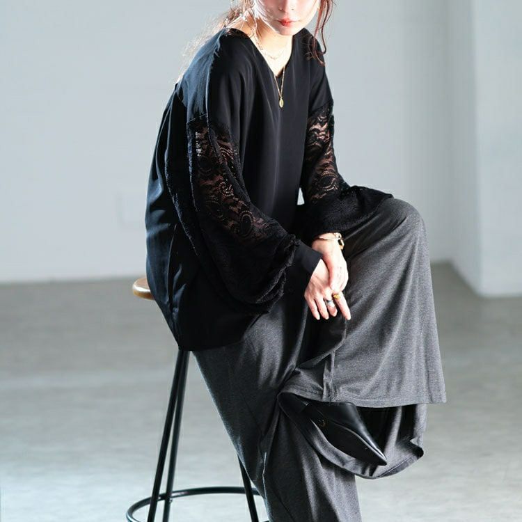 大きいサイズ レディース ペイズリーレース袖切り替えプルオーバー　jp561 【メール便可】