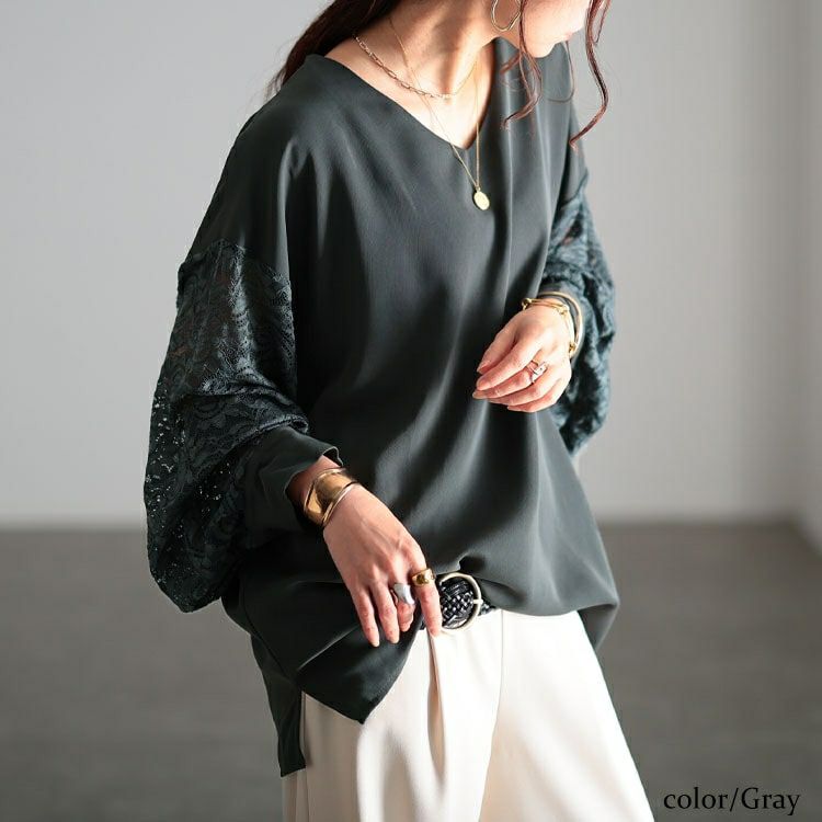 大きいサイズ レディース ペイズリーレース袖切り替えプルオーバー　jp561 【メール便可】