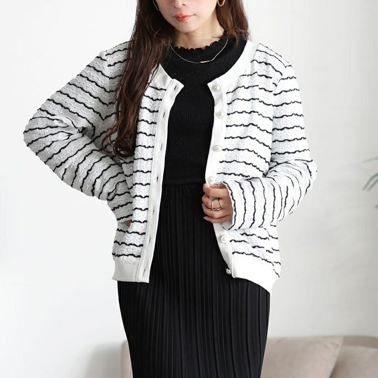 大きいサイズ レディース ウェーブボーダーパールボタンカーディガン　jp559