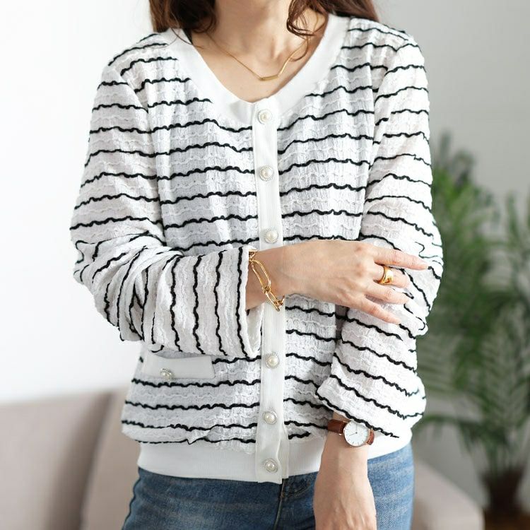 大きいサイズ レディース ウェーブボーダーパールボタンカーディガン　jp559