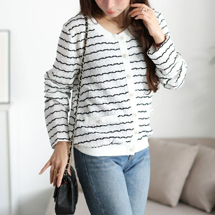 大きいサイズ レディース ウェーブボーダーパールボタンカーディガン　jp559