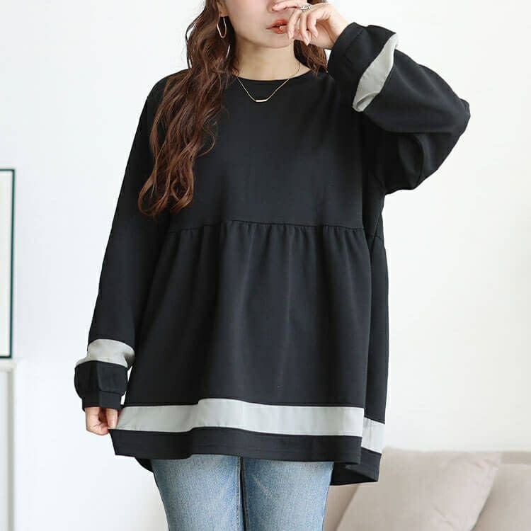 大きいサイズ レディース 配色異素材切り替えペプラムチュニック　cast-5556037 【メール便可】