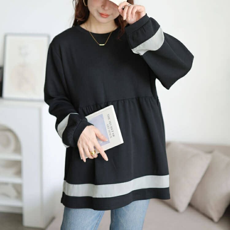 大きいサイズ レディース 配色異素材切り替えペプラムチュニック　cast-5556037 【メール便可】