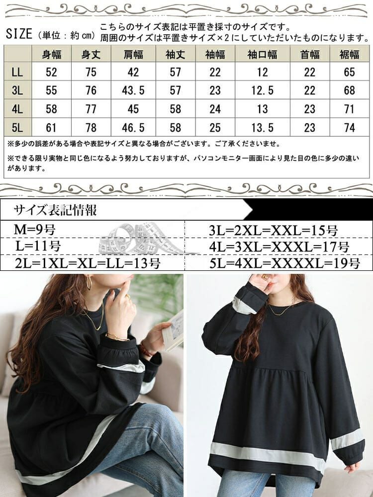 大きいサイズ レディース 配色異素材切り替えペプラムチュニック　cast-5556037 【メール便可】