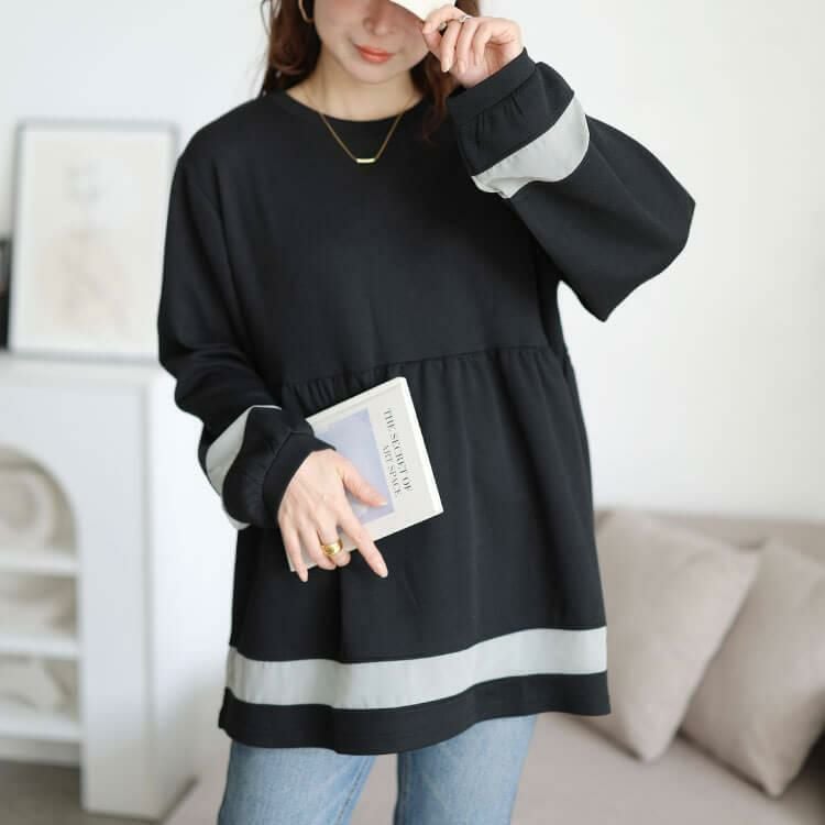 大きいサイズ レディース 配色異素材切り替えペプラムチュニック　cast-5556037 【メール便可】 ブラック