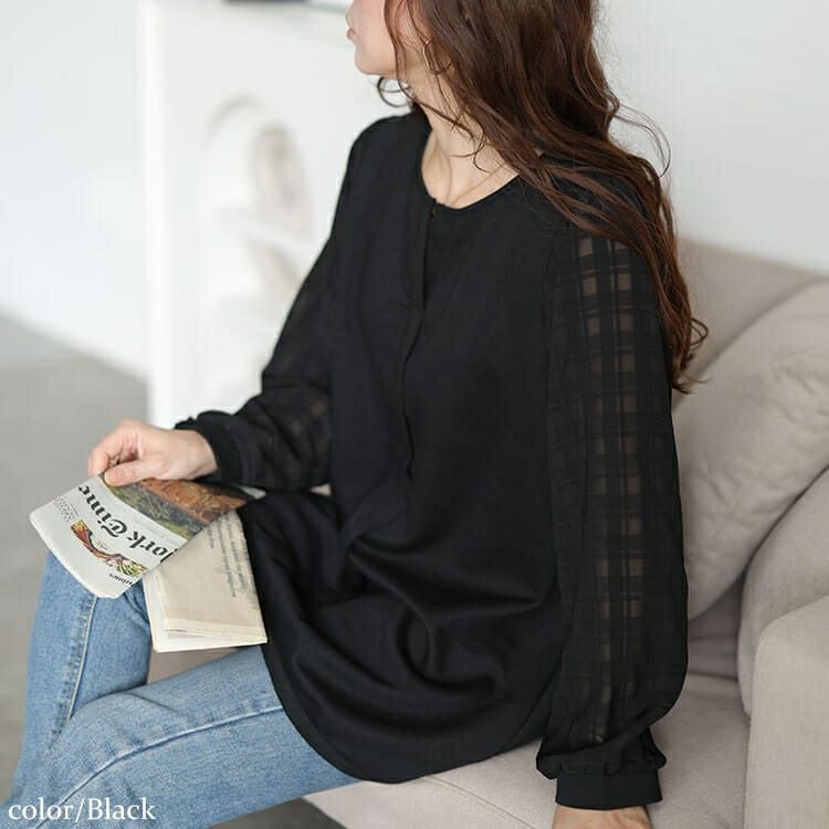 大きいサイズ レディース シアーチェック袖スキッパーチュニック　cast-5556036 【メール便可】