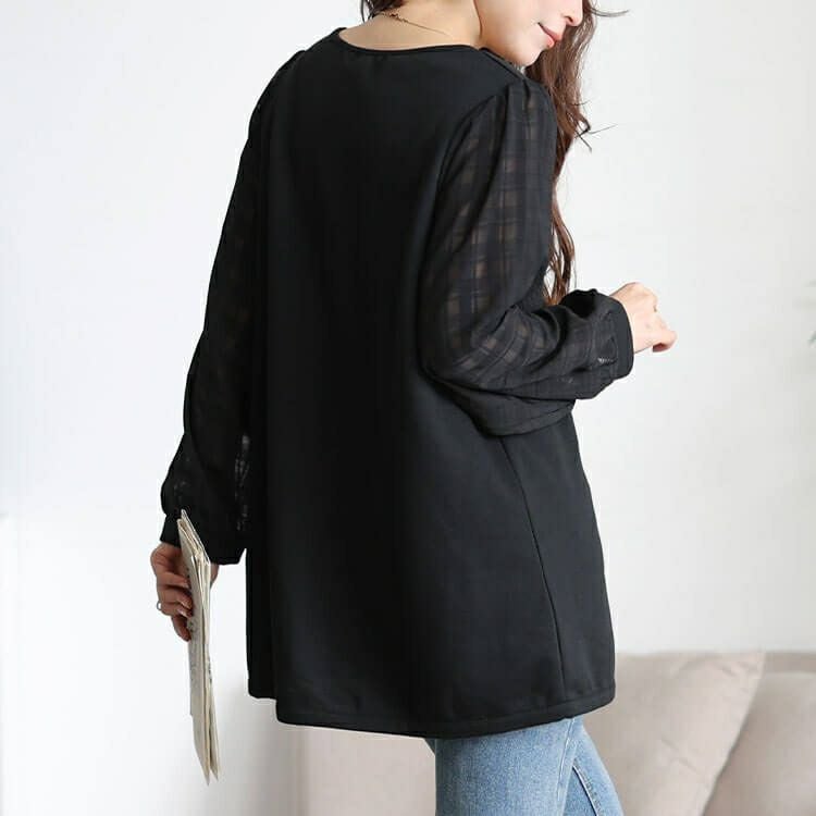 大きいサイズ レディース シアーチェック袖スキッパーチュニック　cast-5556036 【メール便可】