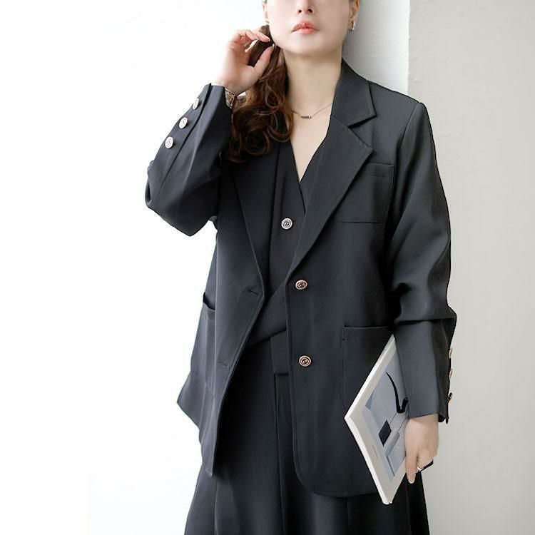 大きいサイズ レディース テーラードジャケット＆ベスト＆スカート3点セット　goldy-1746 ブラック