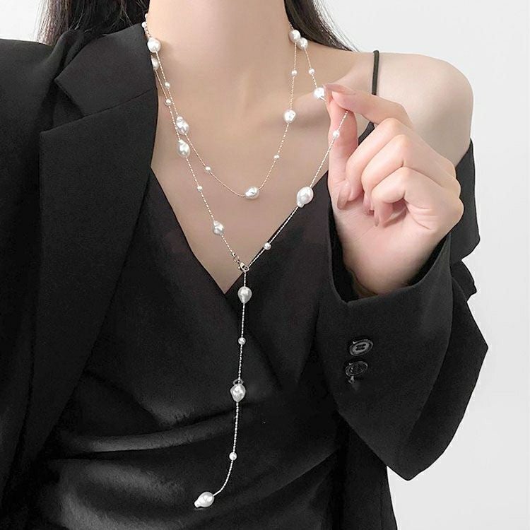 大きいサイズ レディース ドロップ＆ボールパールロングネックレス　goldy-1775【メール便可】