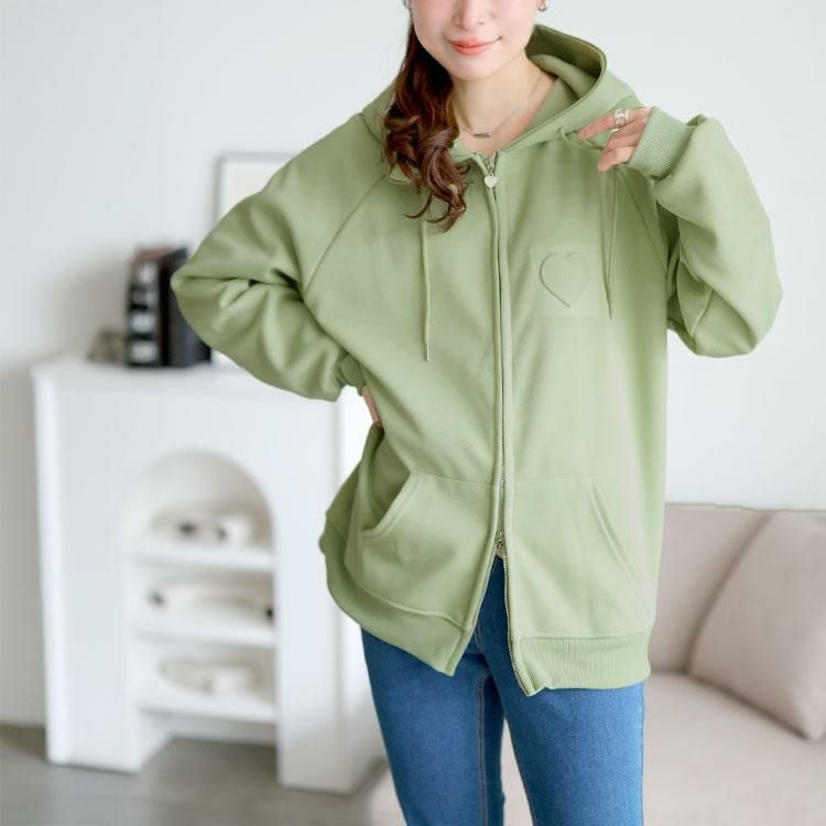大きいサイズ レディース エンボスハート付きダブルジップパーカー　goldy-1765 グリーン