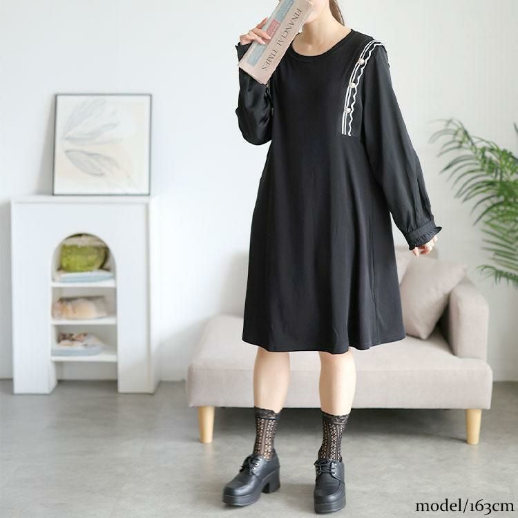 大きいサイズ レディース サイドラインフリル袖ワンピース　goldy-1750 ブラック