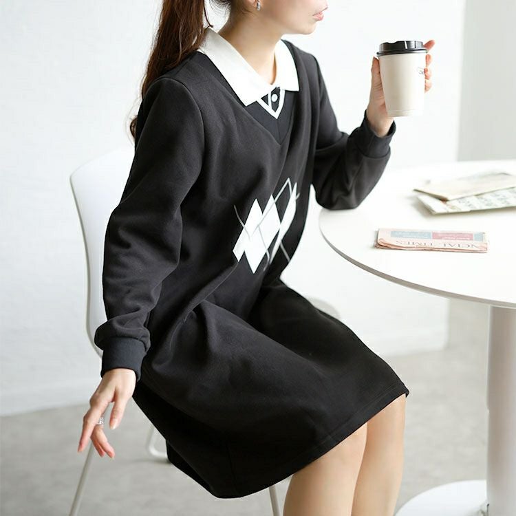 大きいサイズ レディース アーガイル柄レイヤード風ワンピース　goldy-1745