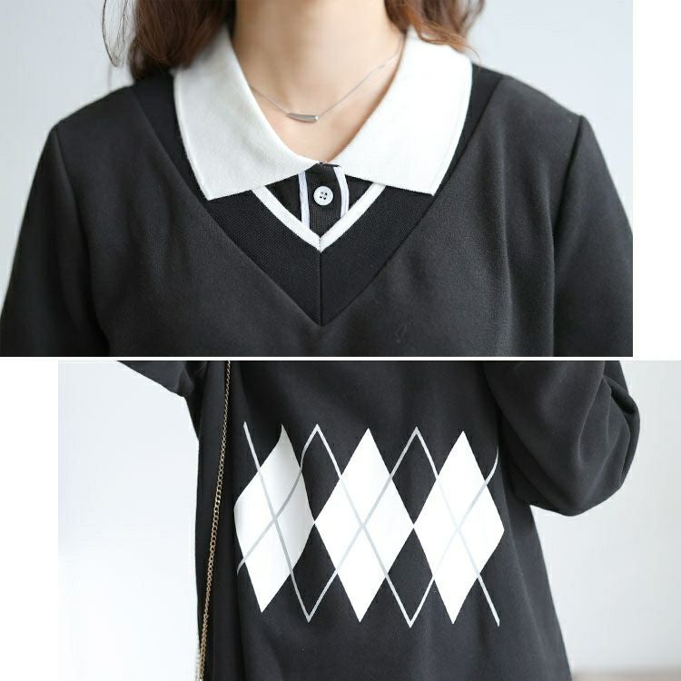 大きいサイズ レディース アーガイル柄レイヤード風ワンピース　goldy-1745