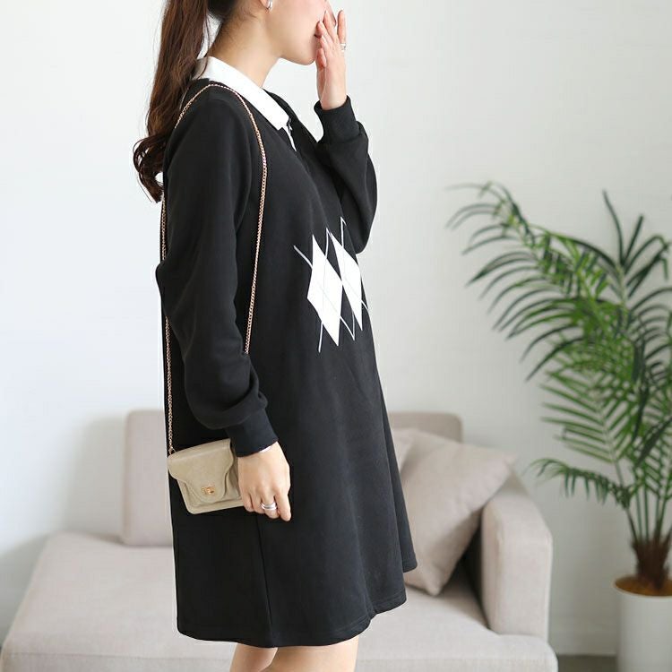 大きいサイズ レディース アーガイル柄レイヤード風ワンピース　goldy-1745