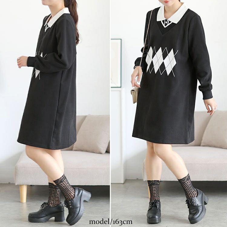 大きいサイズ レディース アーガイル柄レイヤード風ワンピース　goldy-1745