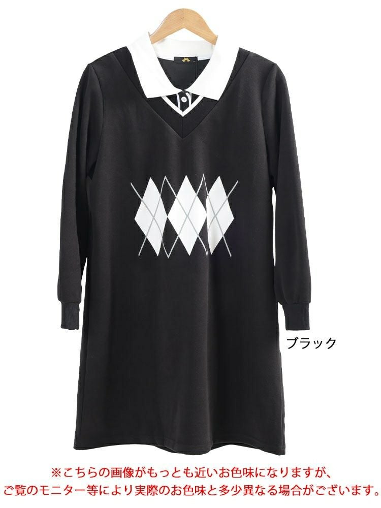 大きいサイズ レディース アーガイル柄レイヤード風ワンピース　goldy-1745