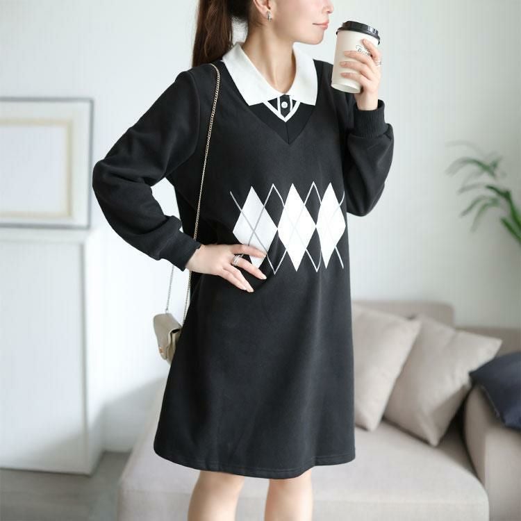 大きいサイズ レディース アーガイル柄レイヤード風ワンピース　goldy-1745 ブラック