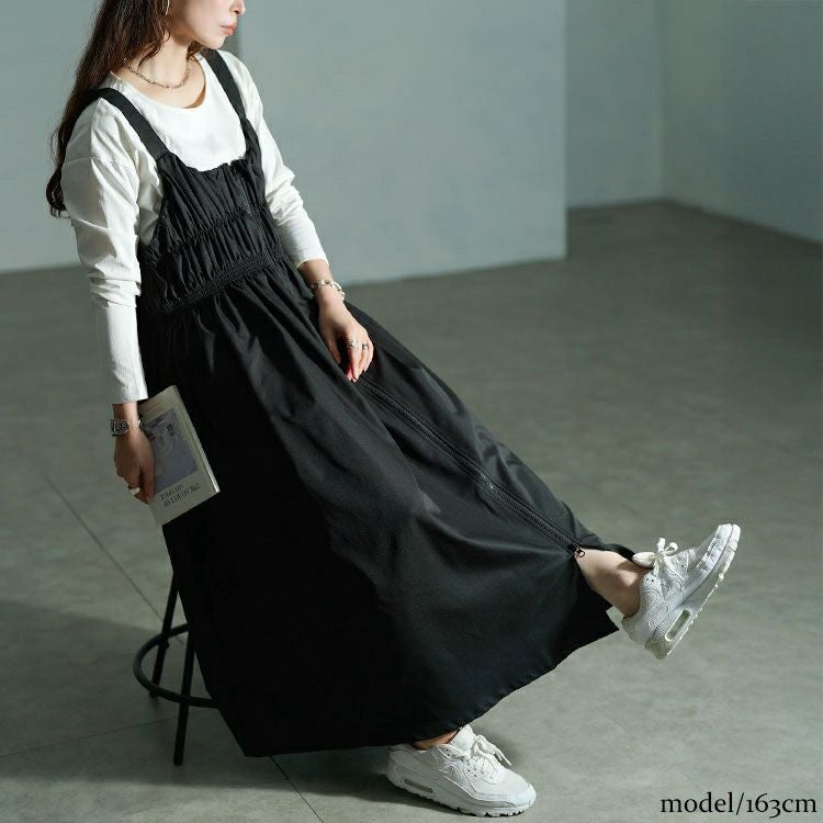 大きいサイズ レディース シャーリングZIPジャンパースカート　nw-25049