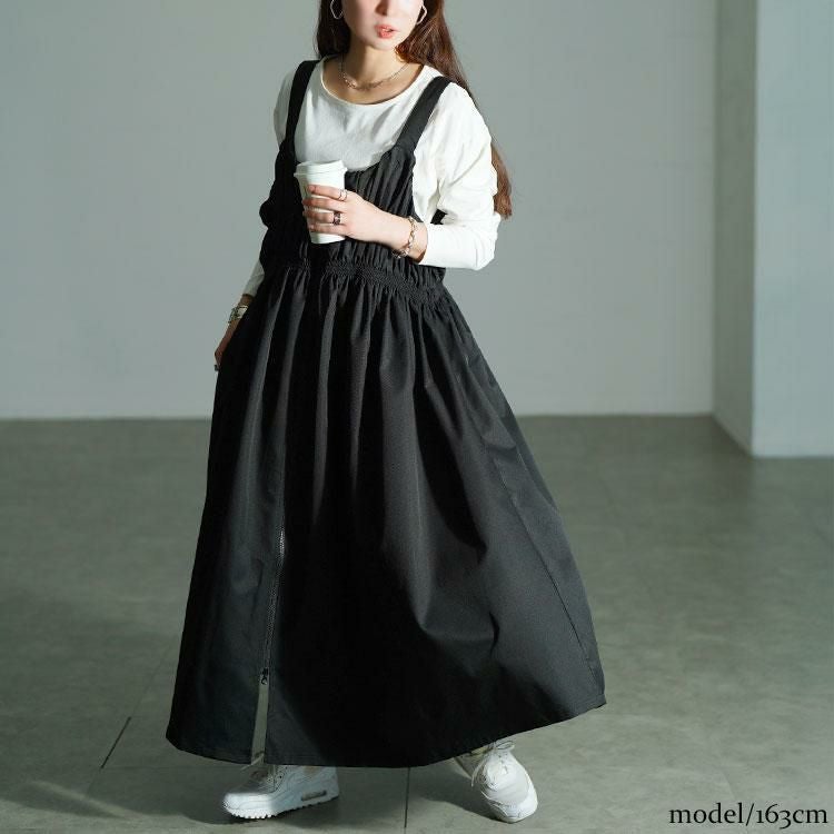 大きいサイズ レディース シャーリングZIPジャンパースカート　nw-25049 ブラック