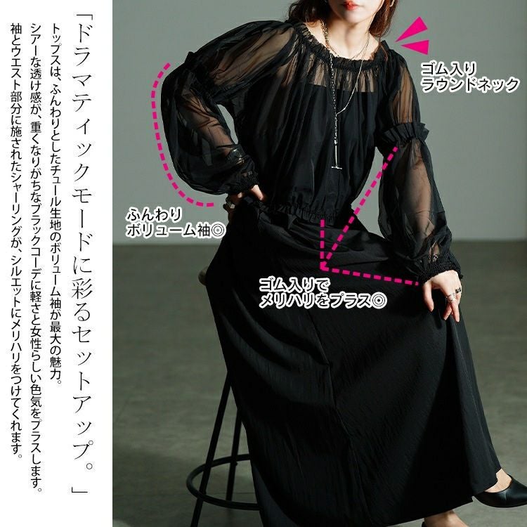 大きいサイズ レディース ギャザーチュールトップス＆キャミワンピース2点セット　nw-25042