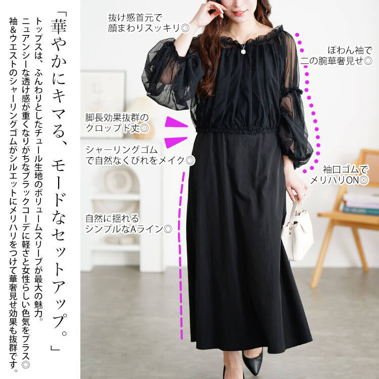 大きいサイズ レディース ギャザーチュールトップス＆キャミワンピース2点セット　nw-25042