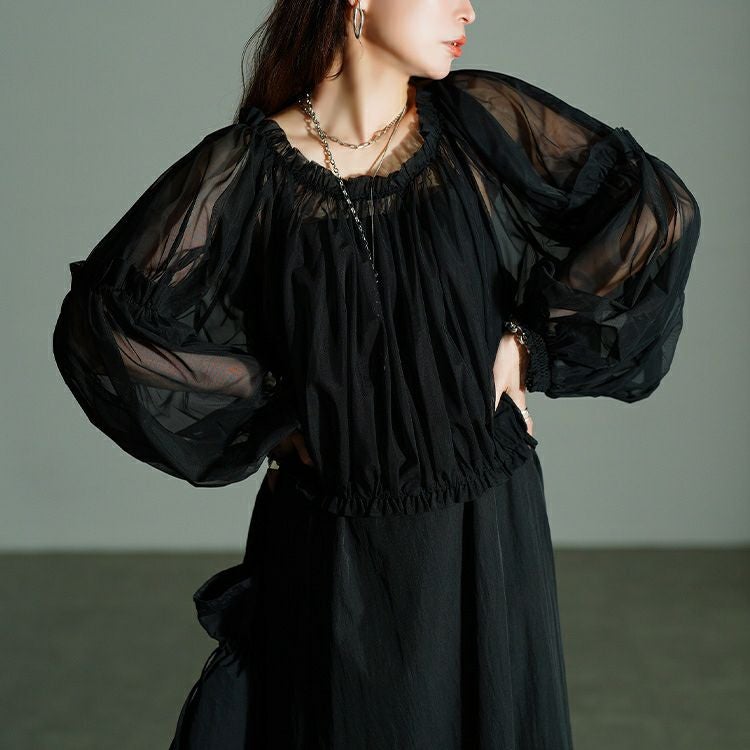 大きいサイズ レディース ギャザーチュールトップス＆キャミワンピース2点セット　nw-25042