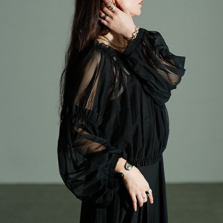 大きいサイズ レディース ギャザーチュールトップス＆キャミワンピース2点セット　nw-25042