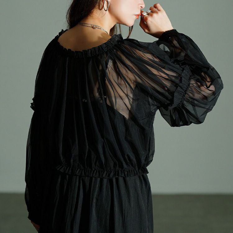 大きいサイズ レディース ギャザーチュールトップス＆キャミワンピース2点セット　nw-25042