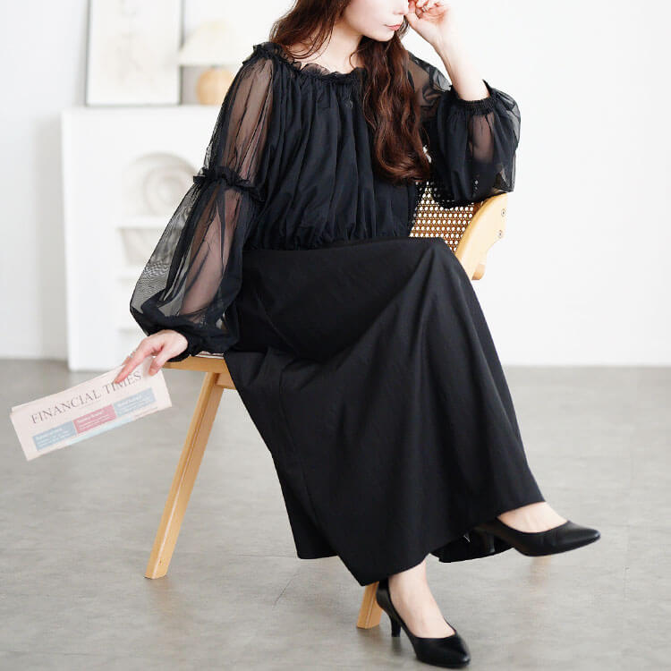 大きいサイズ レディース ギャザーチュールトップス＆キャミワンピース2点セット　nw-25042