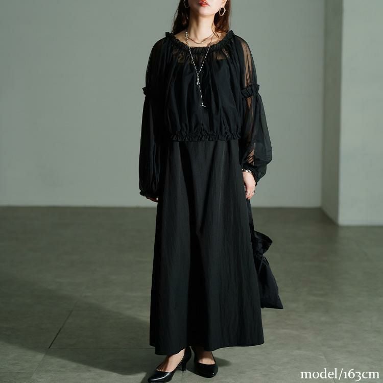 大きいサイズ レディース ギャザーチュールトップス＆キャミワンピース2点セット　nw-25042 ブラック