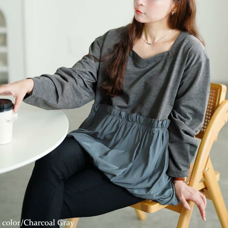 大きいサイズ レディース ドッキングバルーンペプラムプルオーバー　fem-612 チャコールグレー