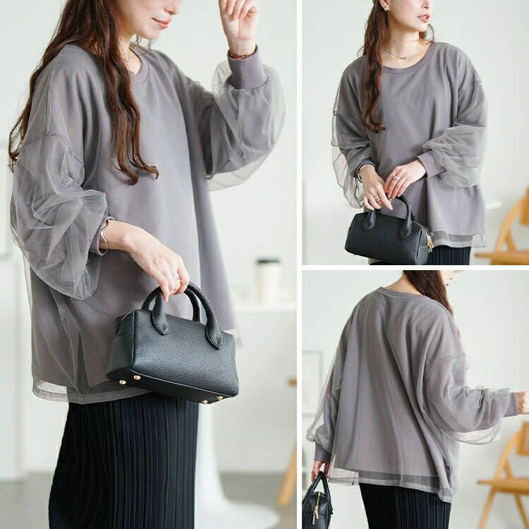 大きいサイズ レディース チュールレイヤードボリューム袖トレーナー　fem-611