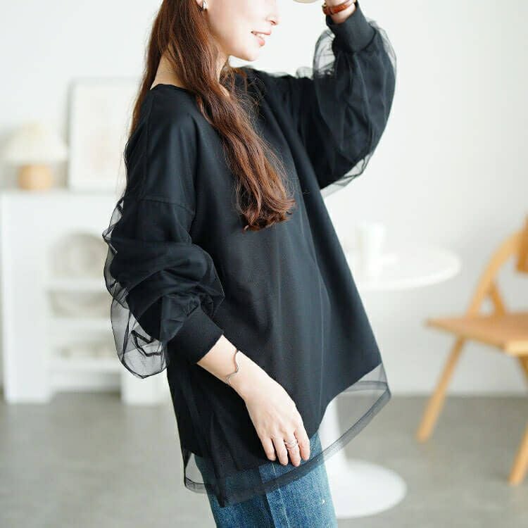大きいサイズ レディース チュールレイヤードボリューム袖トレーナー　fem-611