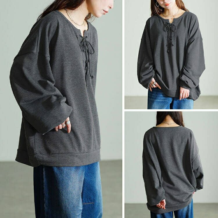 大きいサイズ レディース レースアップラウンドネックトレーナー　fem-610