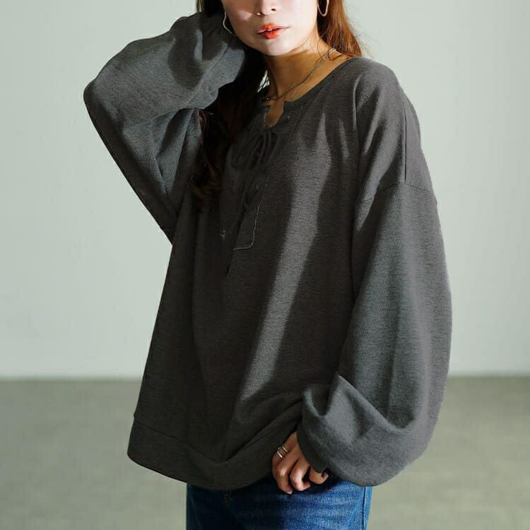 大きいサイズ レディース レースアップラウンドネックトレーナー　fem-610