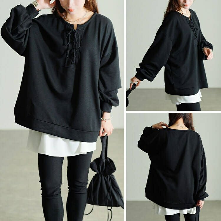 大きいサイズ レディース レースアップラウンドネックトレーナー　fem-610