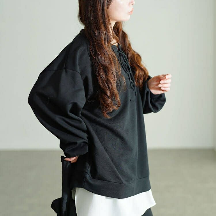 大きいサイズ レディース レースアップラウンドネックトレーナー　fem-610