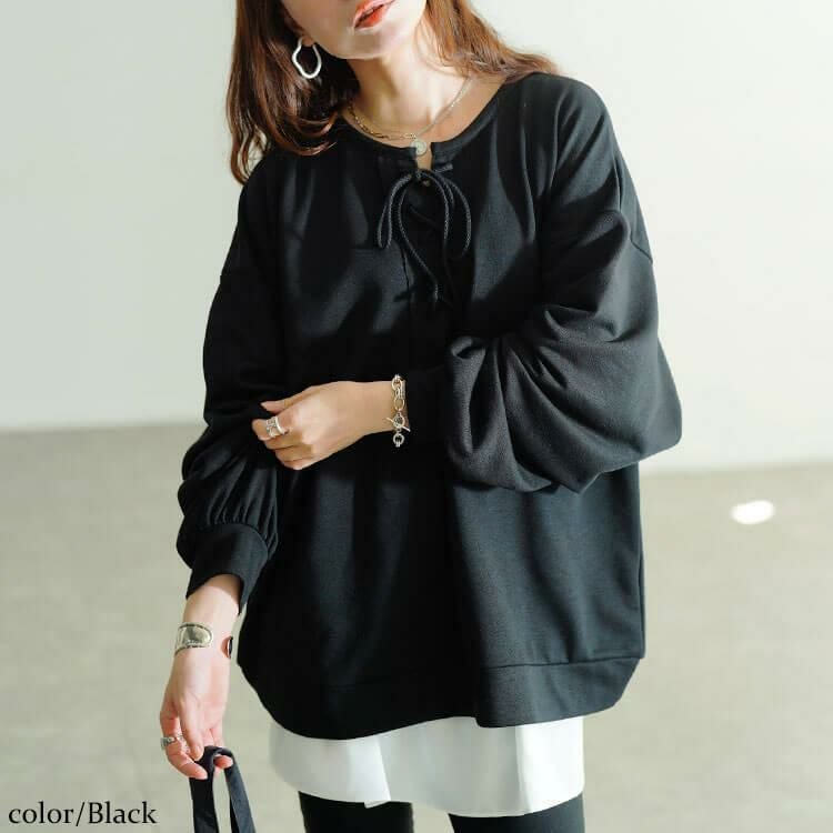 大きいサイズ レディース レースアップラウンドネックトレーナー　fem-610 ブラック