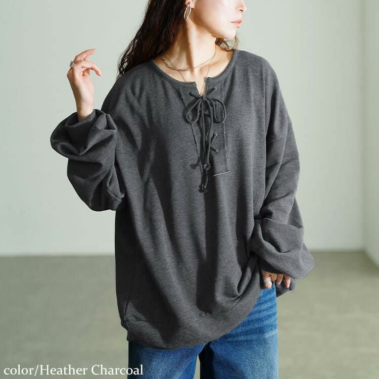 大きいサイズ レディース レースアップラウンドネックトレーナー　fem-610 杢チャコール